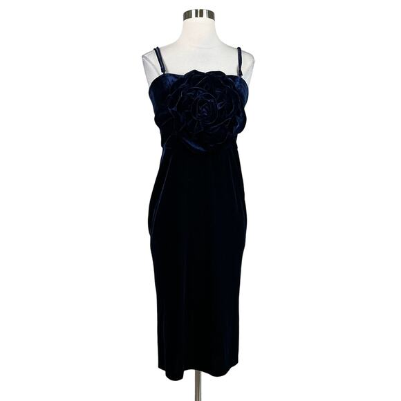 Betsy & Adam Women Cocktail Dress Size 14 Blue Velvet Flower Bodice Midi Sheath - Picture 1 of 13